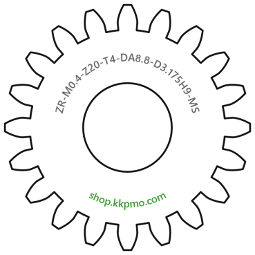 Zahnrad M0.4 / 20 Z AD 8.80mmBohrung (D) mm 3.17 H9Breite (T) mm 4.0Messing MO58[ZR-M0.4-Z20-T4-DA8.8-D3.175H9-MS]