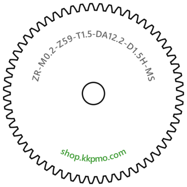 Zahnrad M0.2 / 59 Z AD 12,2mmBohrung (D) mm 1,50 Spielpassung HBreite (T) mm 1,5Messing MO58[ZR-M0.2-Z59-T1.5-DA12.2-D1.5H-MS]