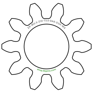 Zahnrad M0.5 / 10 Z AD 6,0mmBohrung (D) mm 3,00 Spielpassung HBreite (T) mm 3,5Messing MO58[ZR-M0.5-Z10-T3.5-DA6-D3H-MS]