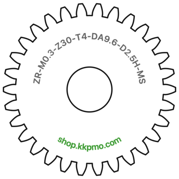 Zahnrad M0.3 / 30 Z AD 9,6mmBohrung (D) mm 2,50 Spielpassung Hausnorm HBreite (T) mm 4,0Messing MO58[ZR-M0.3-Z30-T4-DA9.6-D2.5H-MS]