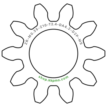 Zahnrad M0.35 / 10 Z AD 4.20mmBohrung (D) mm 2.00 PBreite (T) mm 2.4Messing MO58[ZR-M0.35-Z10-T2.4-DA4.2-D2P-MS]