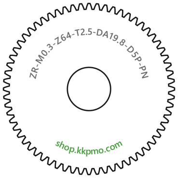 Zahnrad M0.3 / 64 Z AD 19.8mmBohrung (D) mm 5.00 Presspassung Hausnorm PBreite (T) mm 2.5POM-C natur[ZR-M0.3-Z64-T2.5-DA19.8-D5P-PN]